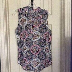 LOFT Blue and Pink Buttoned Blouse with Collar